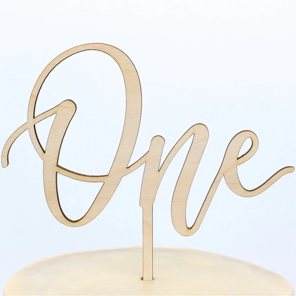 Light Wood Script One First Birthday Cake Topper